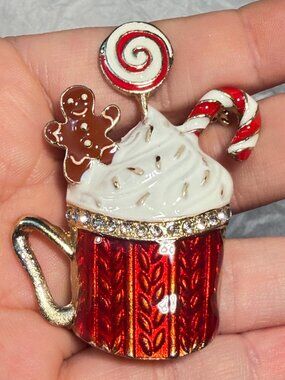 Hot Cocoa Mug Christmas Brooch Red Enamel Whipped Cream Rhinestone Holiday Pin
